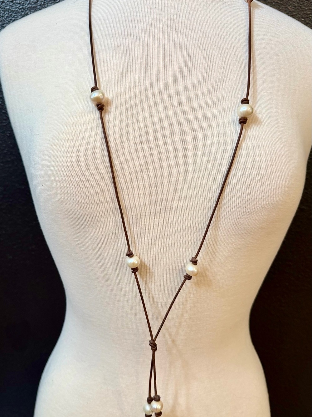 Long Brown Leather Lariat Necklace with Ivory Pearl Accents 24” L